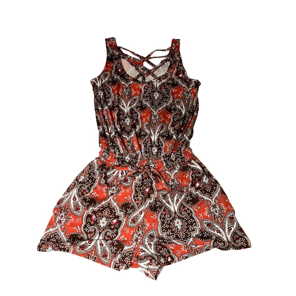 Eye Candy Womens Paisley Romper Rust Orange Brown Strappy Lattice Neck Size M